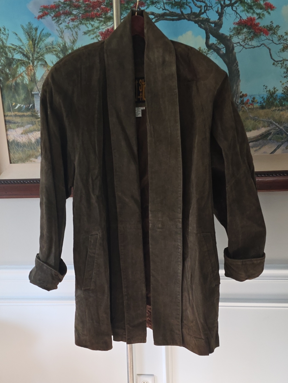 Vintage Men's Olive Suede Shawl-Collar Trench Coat
